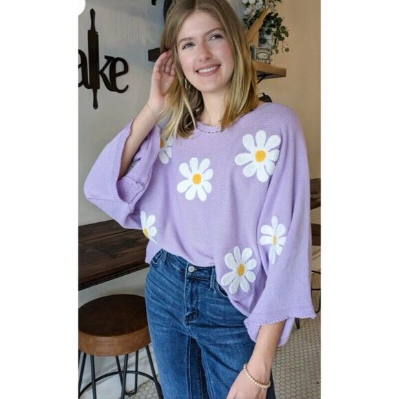 Bibi Daisy Days Print Cropped Sweater Oversized Kimono Sleeves Floral  Purple XL - Picture 15 of 15